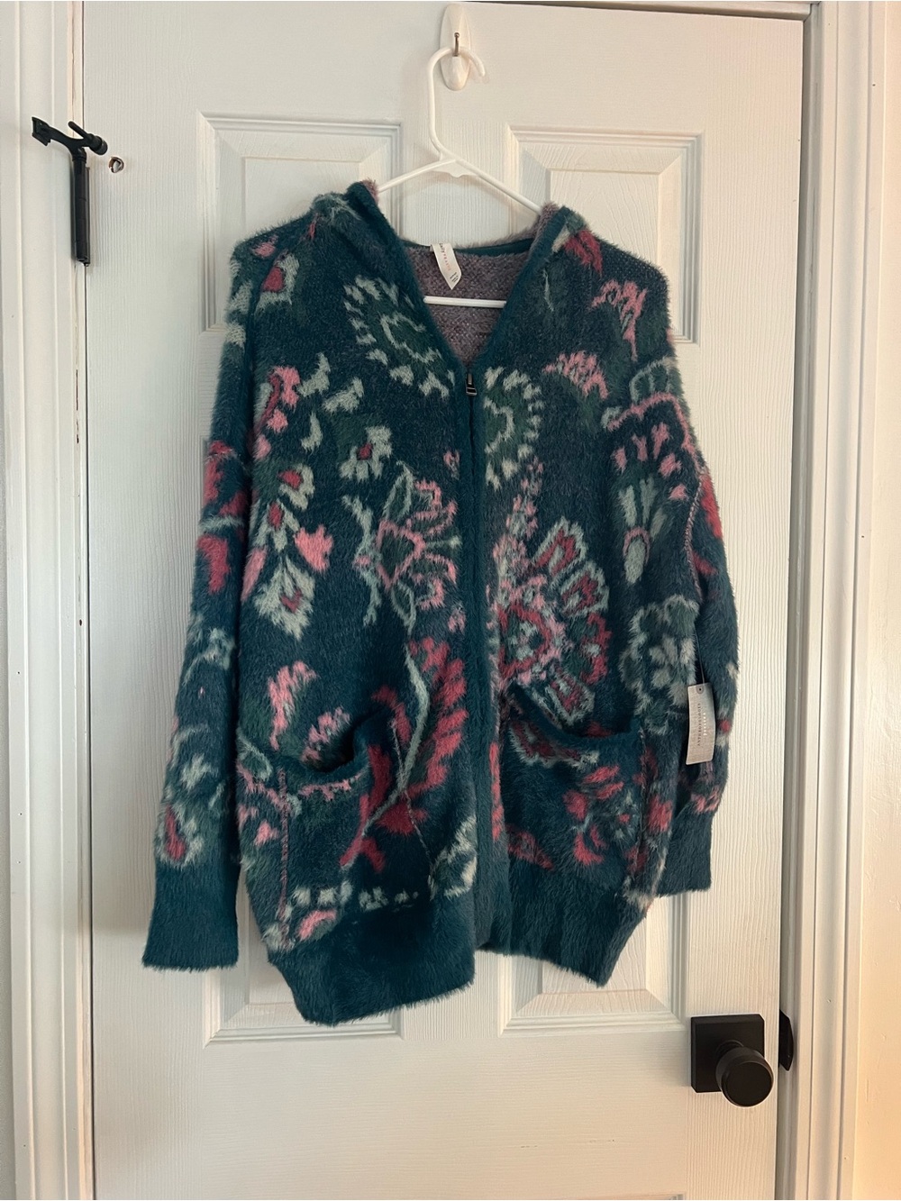 Anthropologie Teal Floral Hooded Zip Cardigan with Pink Accents
